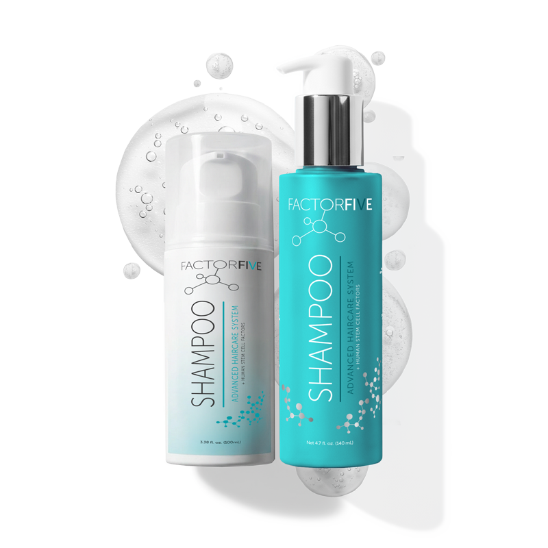 Two bottles of FACTORFIVE shampoo, one with a pump and one without, on a transparent background.